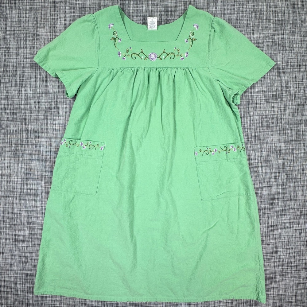 Blair Womens Nightgown House Dress 2XL Green Floral Embroidered Cotton Pockets